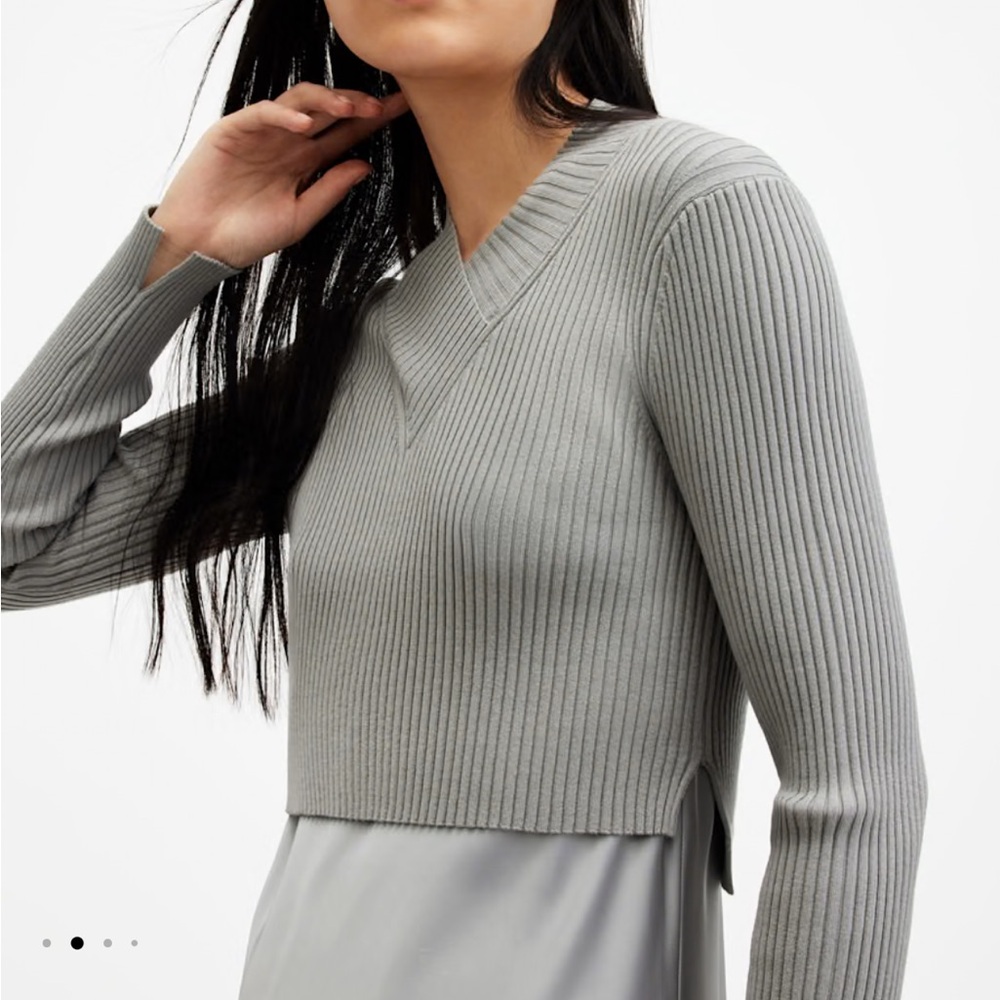 All Saints Grey Ribbed V-Neck Sweater - Picture 3 of 12
